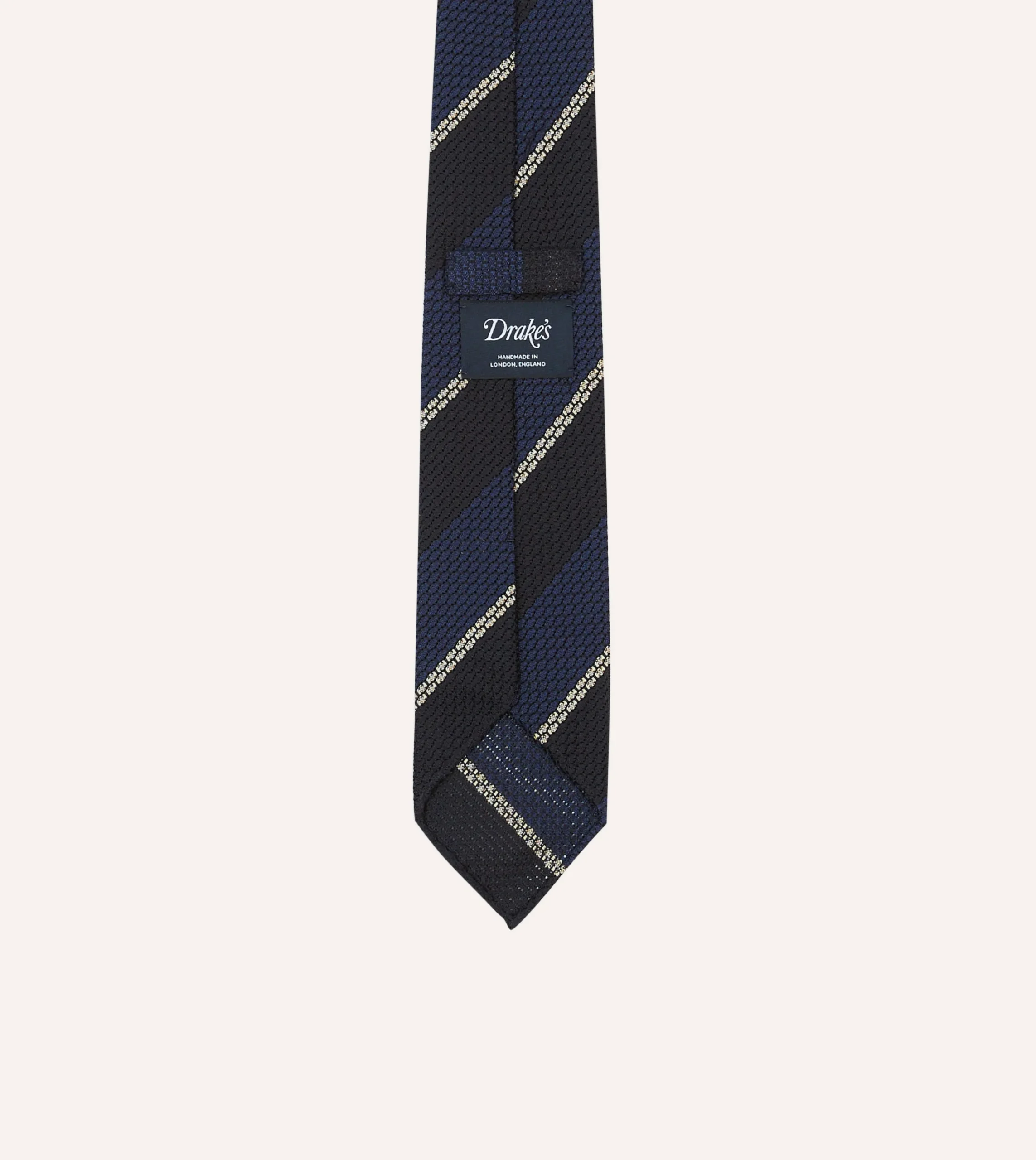 Drake’s Navy And White Multi Stripe Hand Rolled Silk Grenadine Tie