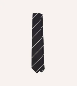 Drake’s Navy And White Stripe Hand Rolled Silk Grenadine Tie
