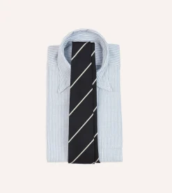 Drake’s Navy And White Stripe Hand Rolled Silk Grenadine Tie