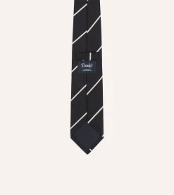 Drake’s Navy And White Stripe Hand Rolled Silk Grenadine Tie