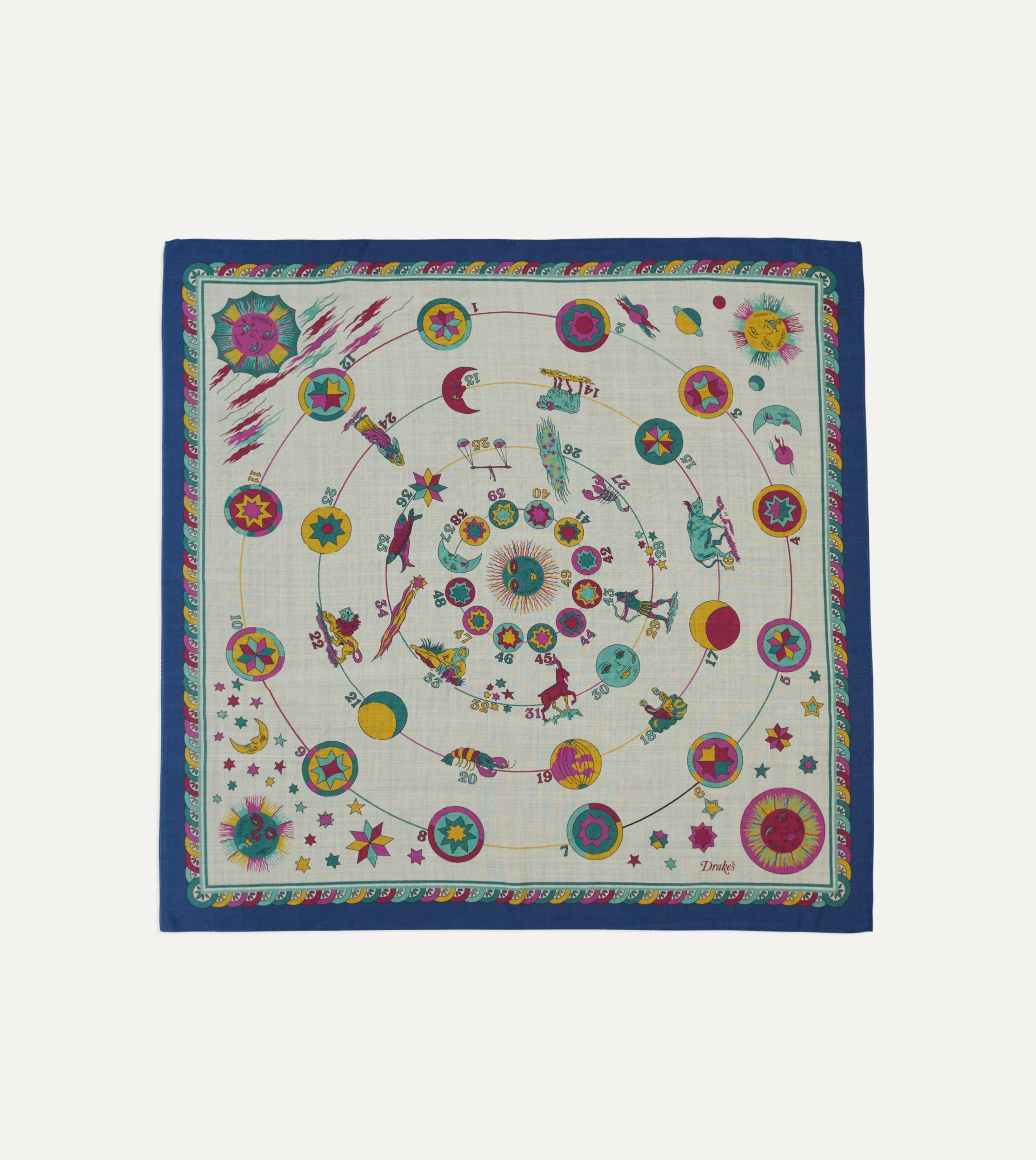 Drake’s Navy And White Zodiac Print Wool-Silk Bandana