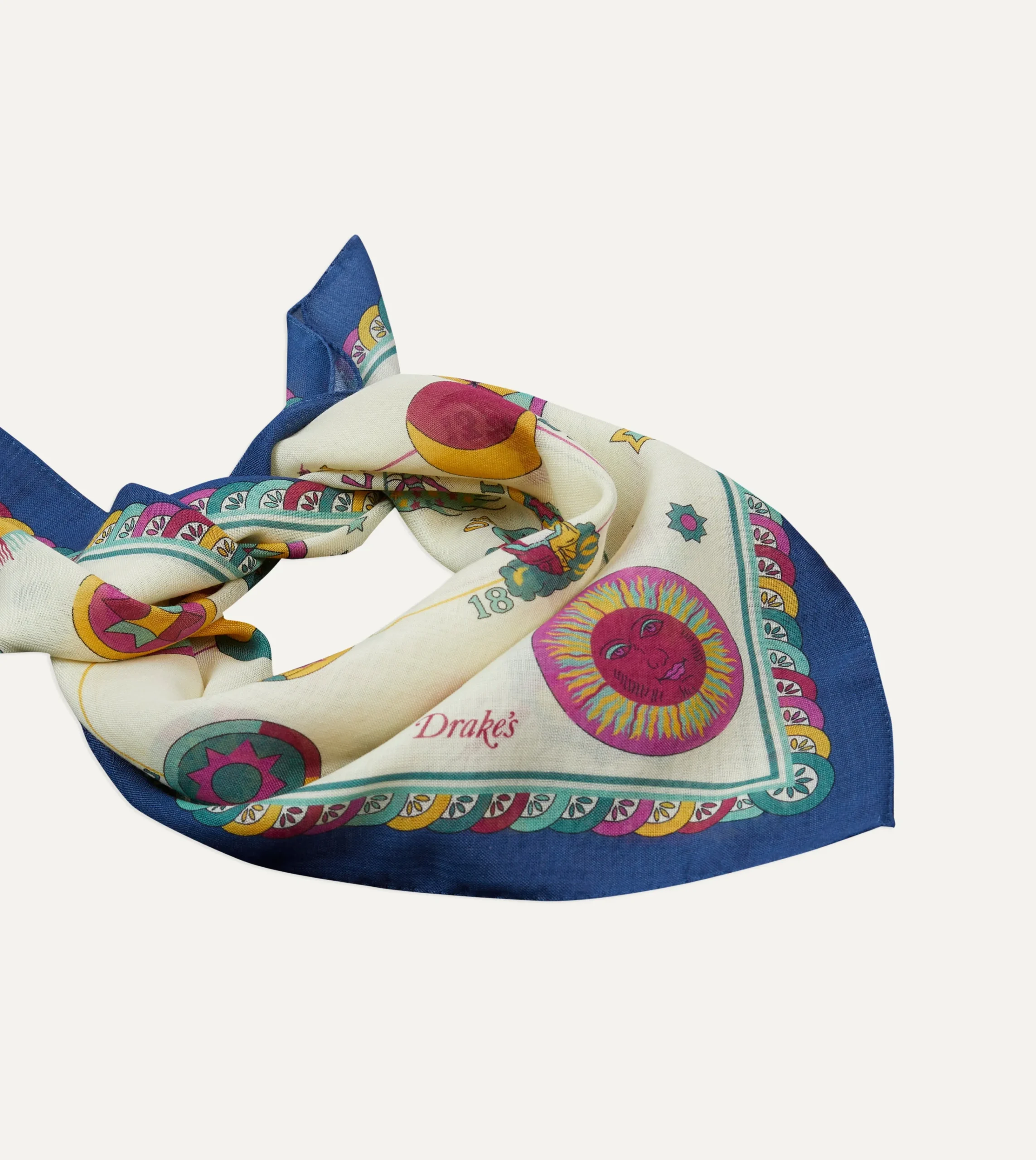 Drake’s Navy And White Zodiac Print Wool-Silk Bandana