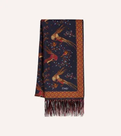Drake’s Birds Of Paradise Print Tubular Silk Tasselled Scarf