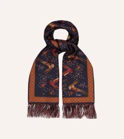 Drake’s Birds Of Paradise Print Tubular Silk Tasselled Scarf