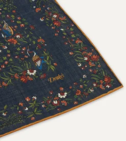Drake’s Navy Birds Of Paradise Print Wool-Silk Square Scarf