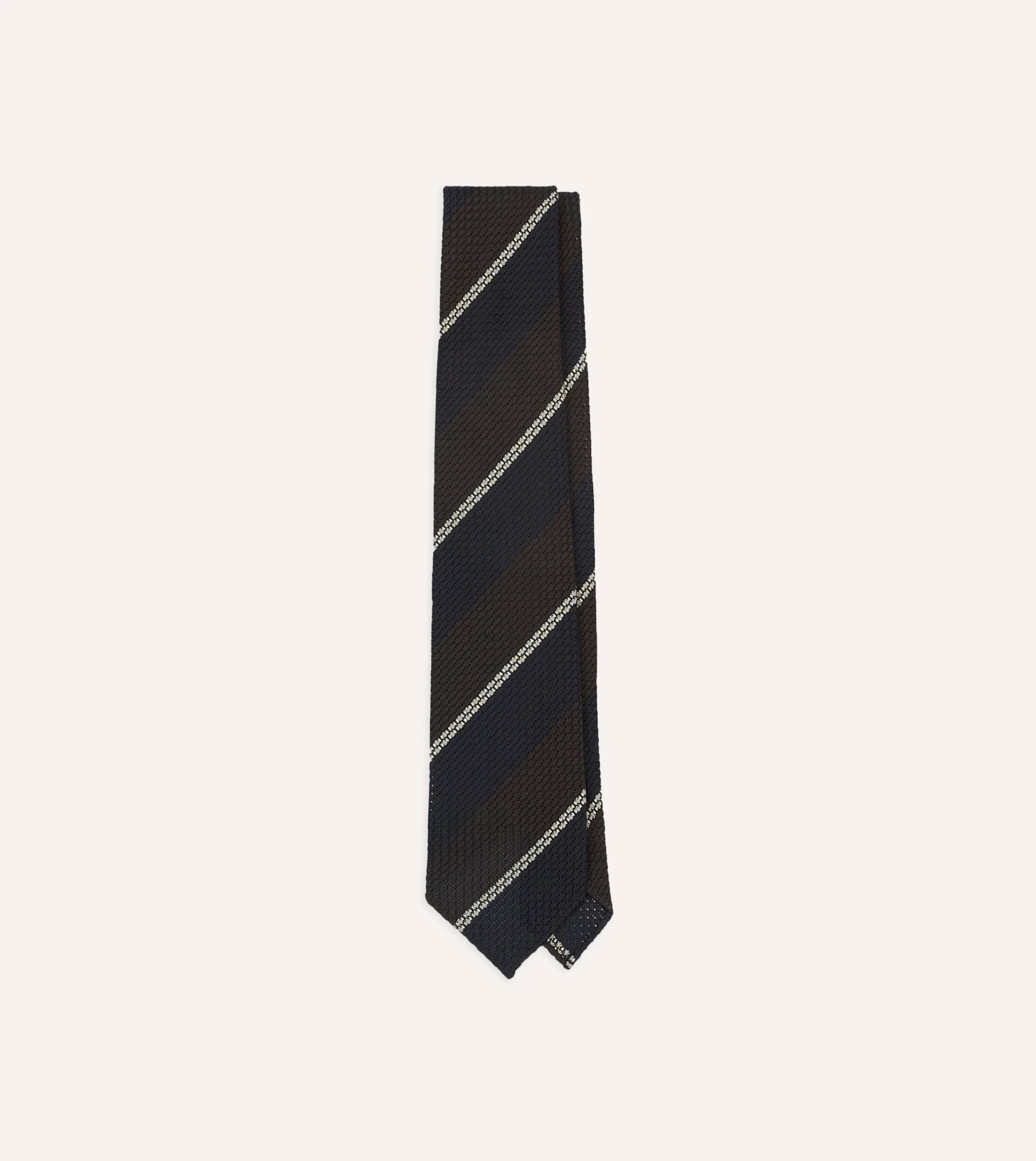 Drake’s Navy, Brown And White Multi Stripe Hand Rolled Silk Grenadine Tie