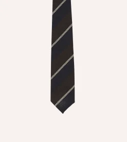 Drake’s Navy, Brown And White Multi Stripe Hand Rolled Silk Grenadine Tie