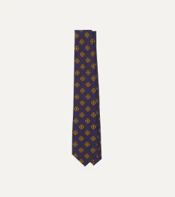 Drake’s Navy Flower Medallion Print Madder Silk Self Tipped Tie