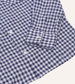 Drake’s Navy Gingham Check Linen Camp Collar Long Sleeve Shirt