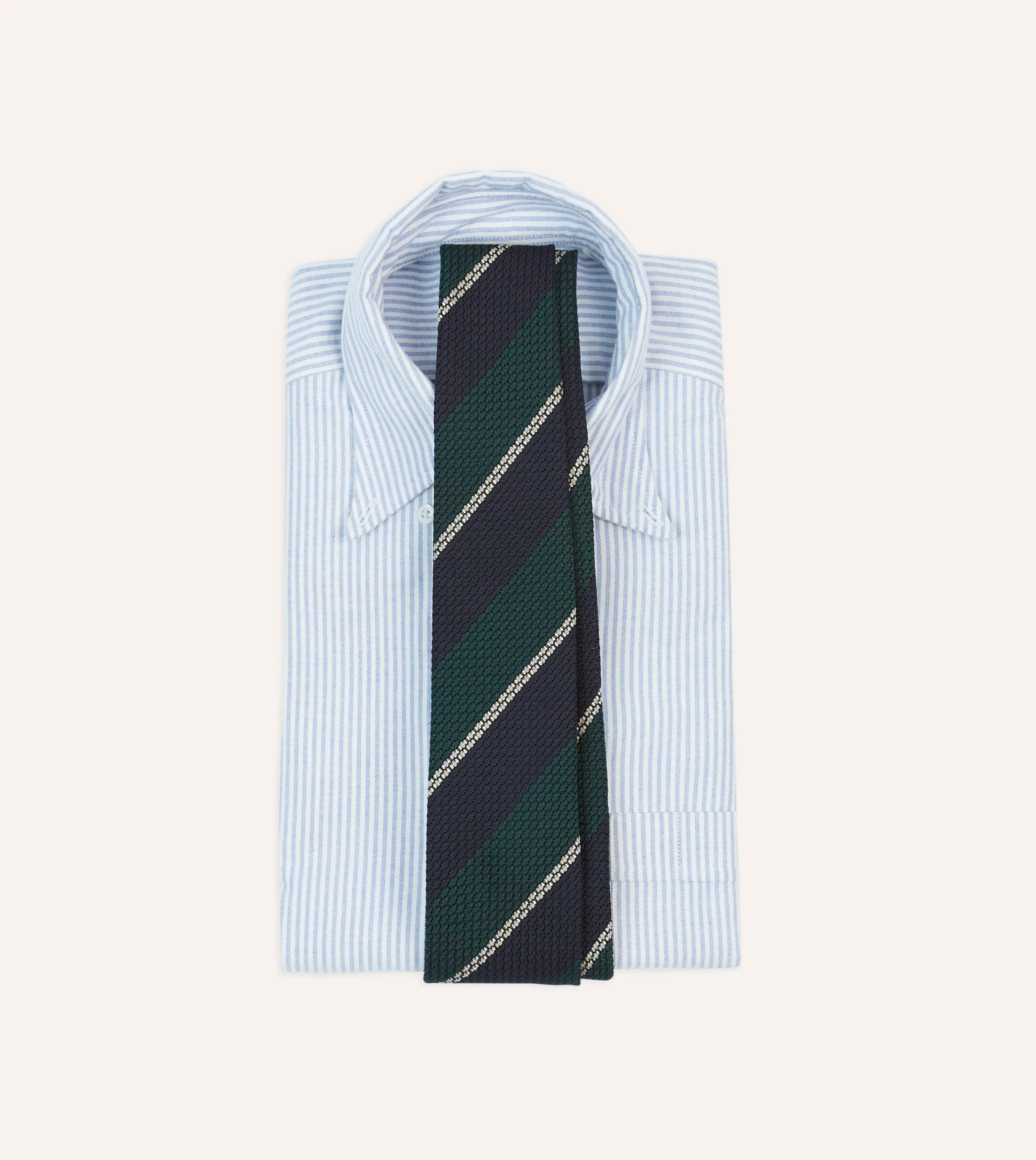 Drake’s Navy, Green And White Multi Stripe Hand Rolled Silk Grenadine Tie