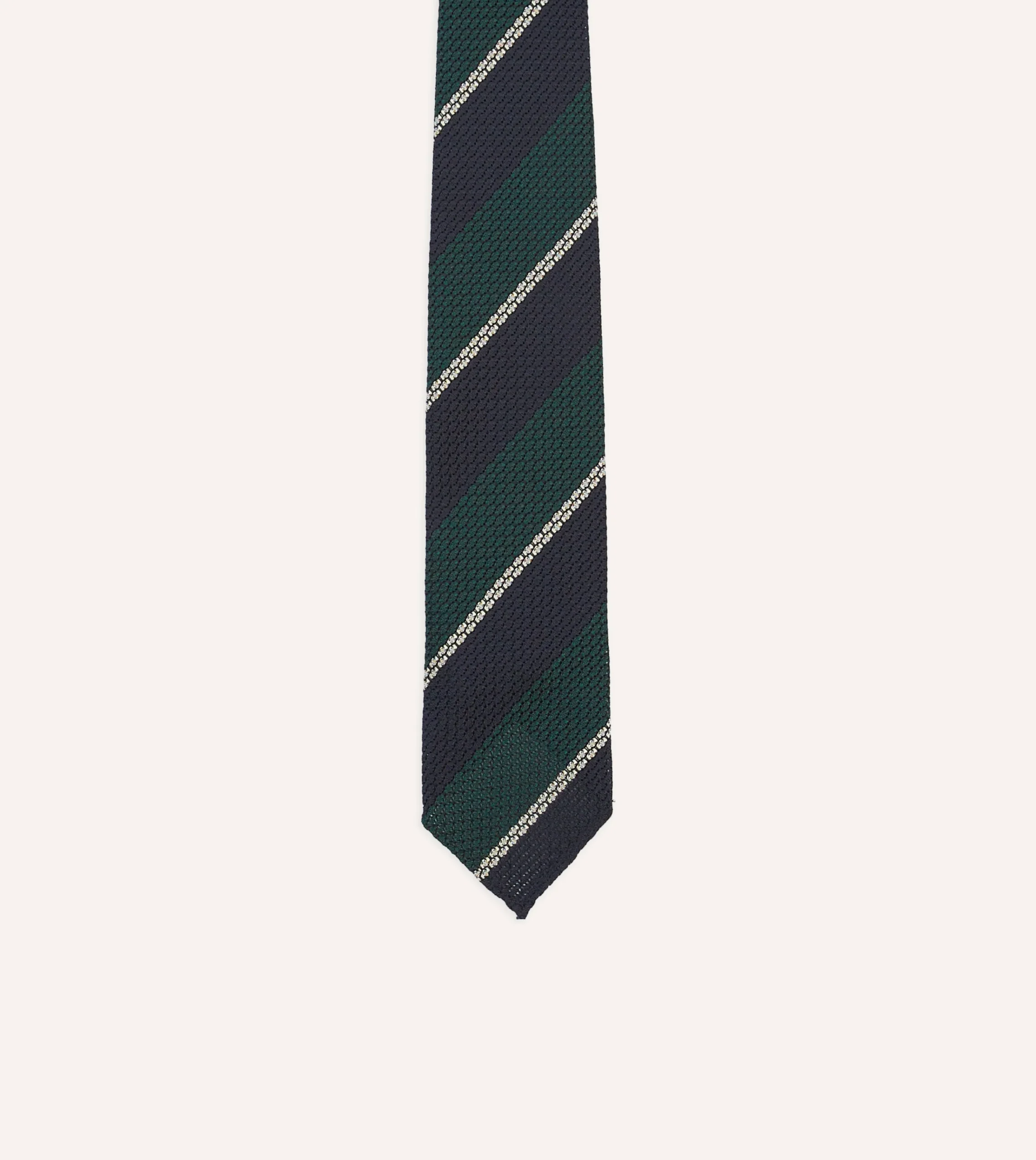 Drake’s Navy, Green And White Multi Stripe Hand Rolled Silk Grenadine Tie