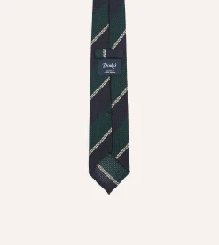 Drake’s Navy, Green And White Multi Stripe Hand Rolled Silk Grenadine Tie