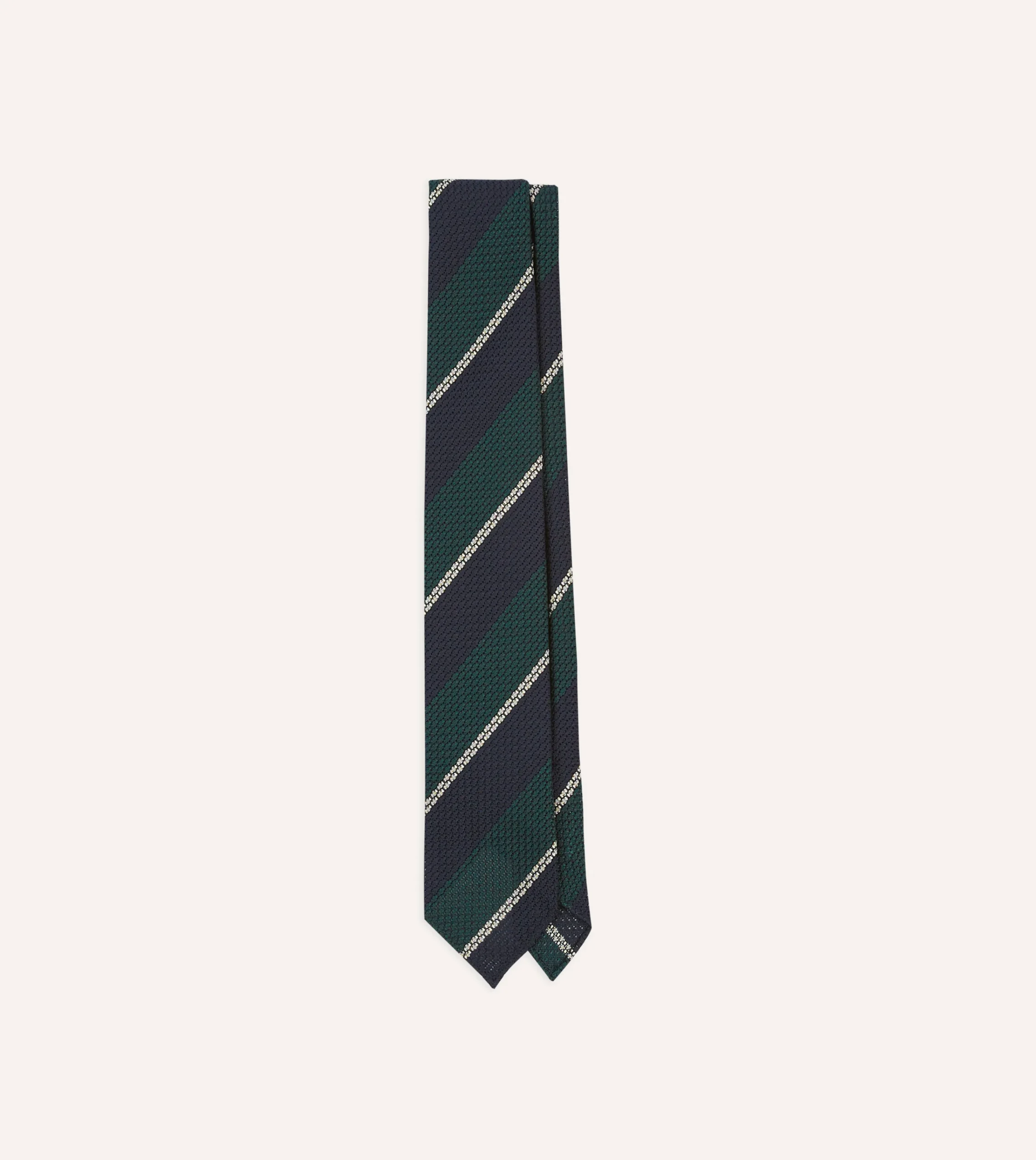 Drake’s Navy, Green And White Multi Stripe Hand Rolled Silk Grenadine Tie