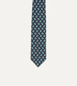 Drake’s Navy Jumbled Medallion Print Silk Self Tipped Tie