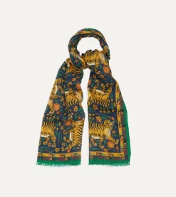 Drake’s Navy Jumbo Tiger Print Wool-Silk Scarf