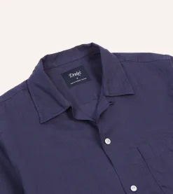 Drake’s Navy Linen Camp Collar Short Sleeve Shirt