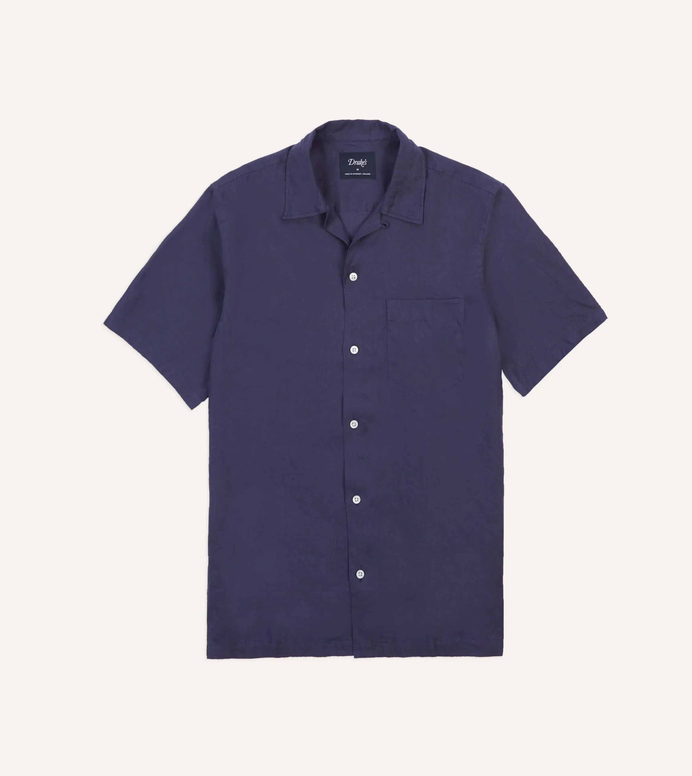 Drake’s Navy Linen Camp Collar Short Sleeve Shirt