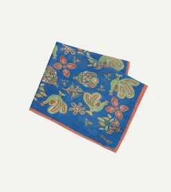 Drake’s Navy Peacock Print Wool-Silk Pocket Square