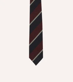 Drake’s Navy, Red And White Multi Stripe Hand Rolled Silk Grenadine Tie