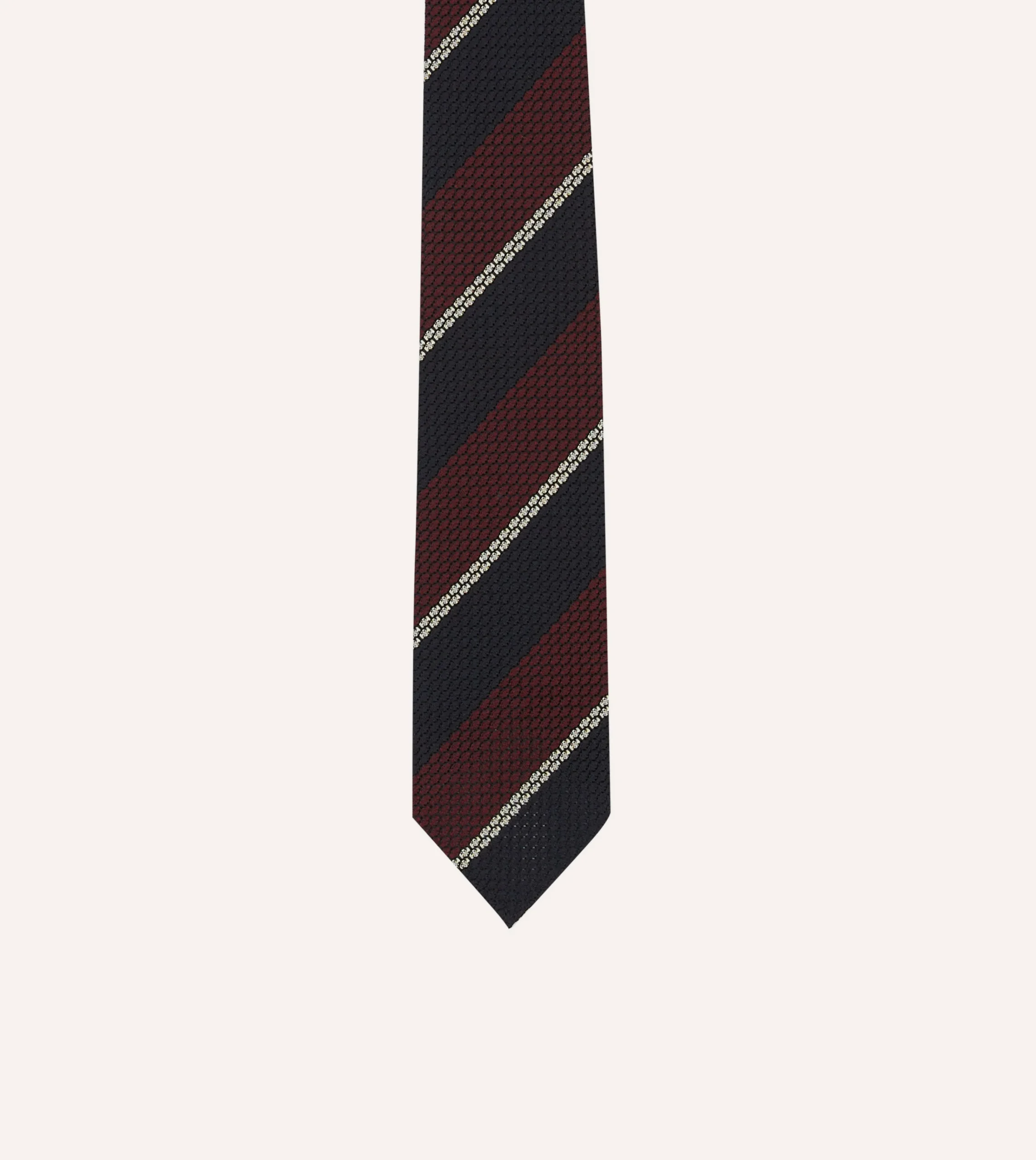 Drake’s Navy, Red And White Multi Stripe Hand Rolled Silk Grenadine Tie