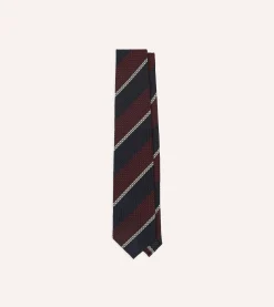 Drake’s Navy, Red And White Multi Stripe Hand Rolled Silk Grenadine Tie