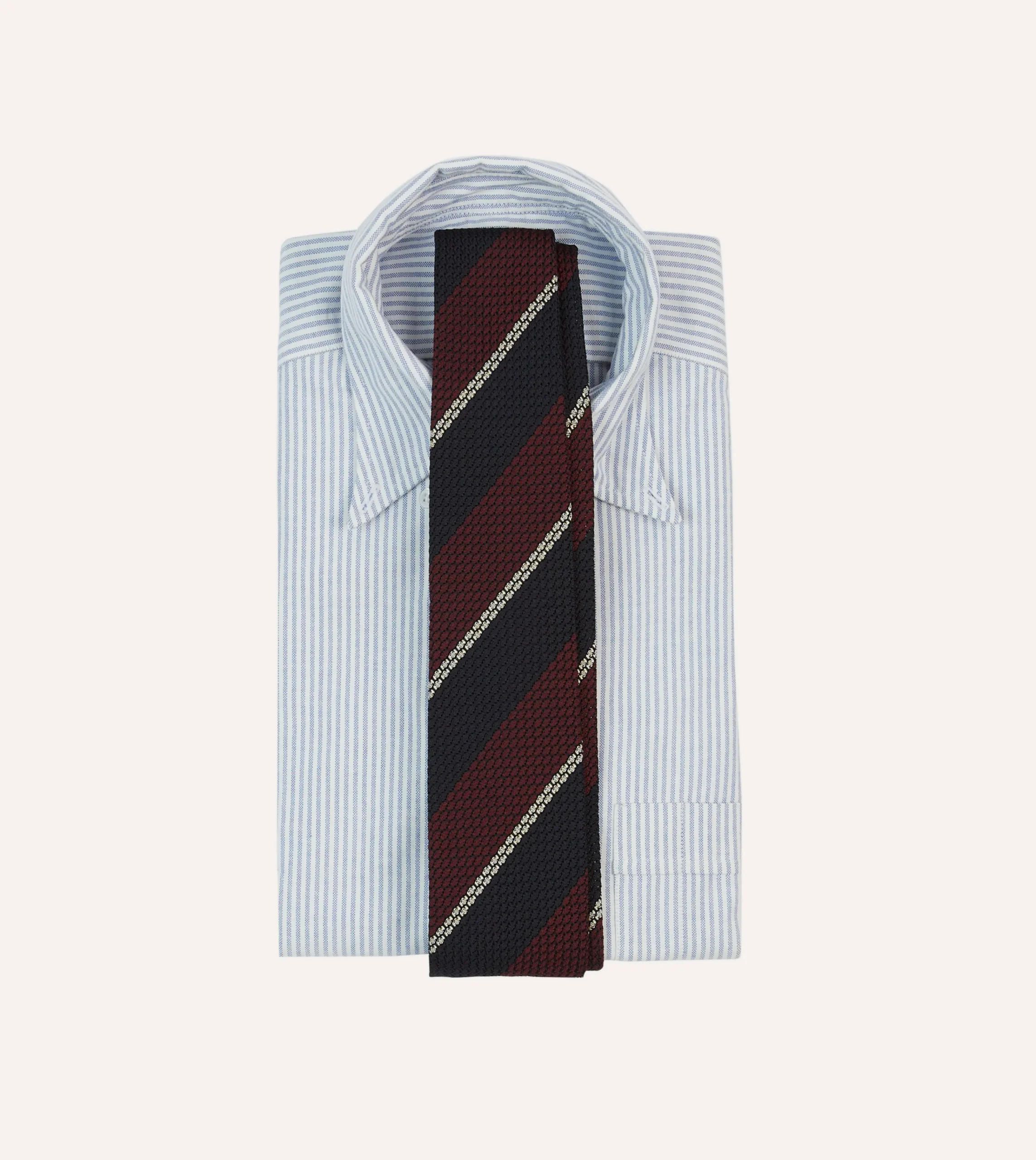 Drake’s Navy, Red And White Multi Stripe Hand Rolled Silk Grenadine Tie