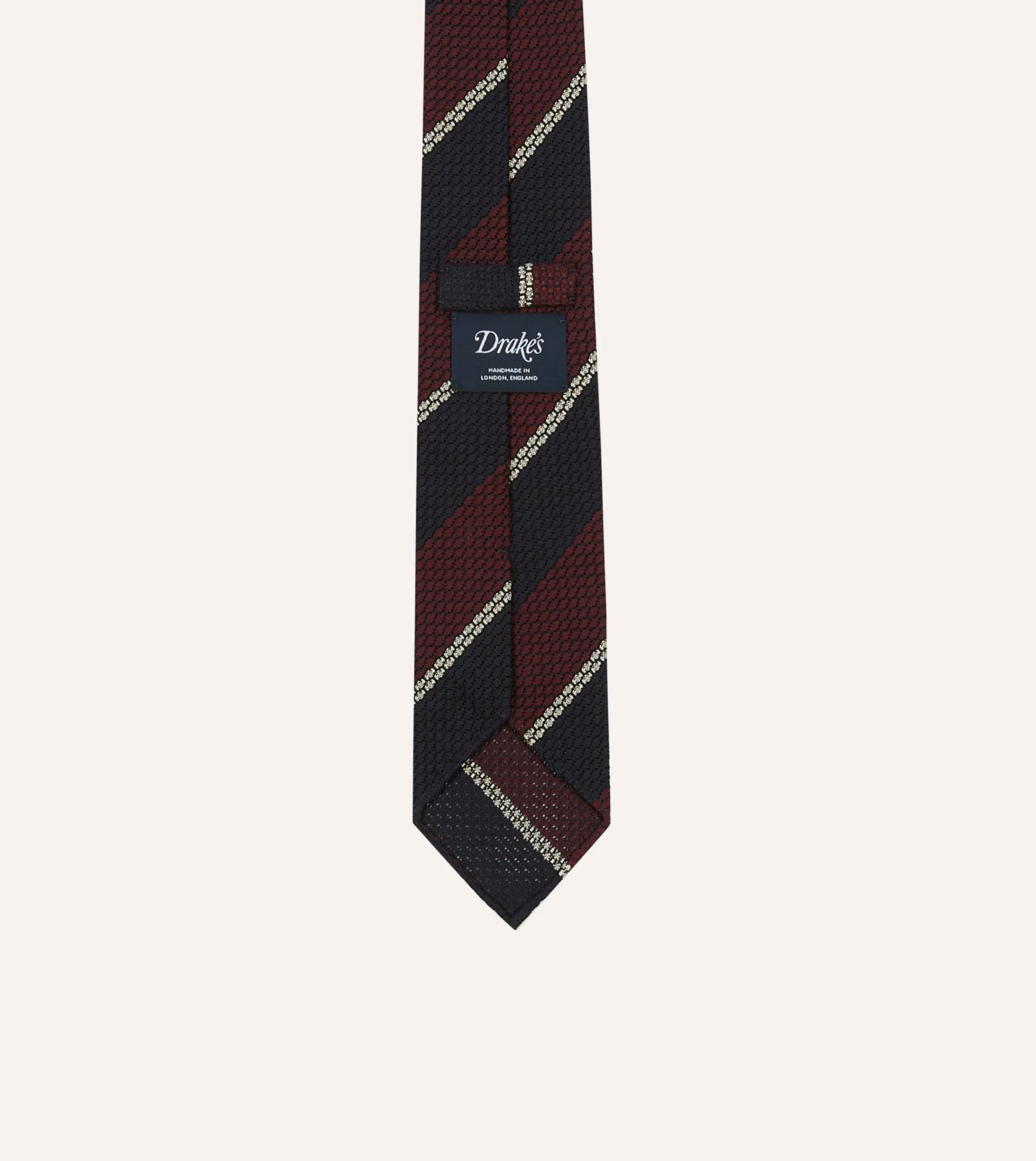 Drake’s Navy, Red And White Multi Stripe Hand Rolled Silk Grenadine Tie