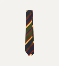Drake’s Navy, Red, Green And Yellow Stripe Silk Hand Rolled Tie