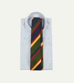 Drake’s Navy, Red, Green And Yellow Stripe Silk Hand Rolled Tie