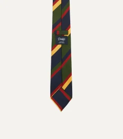 Drake’s Navy, Red, Green And Yellow Stripe Silk Hand Rolled Tie