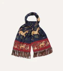 Drake’s Navy Unicorn Print Tubular Silk Tasselled Scarf
