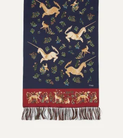Drake’s Navy Unicorn Print Tubular Silk Tasselled Scarf