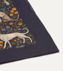 Drake’s Navy Unicorn Print Wool-Silk Square Scarf