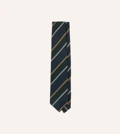 Drake’s Navy, White And Green Stripe Hand Rolled Silk Grenadine Tie