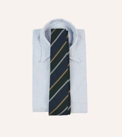 Drake’s Navy, White And Green Stripe Hand Rolled Silk Grenadine Tie
