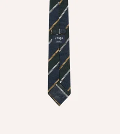Drake’s Navy, White And Green Stripe Hand Rolled Silk Grenadine Tie