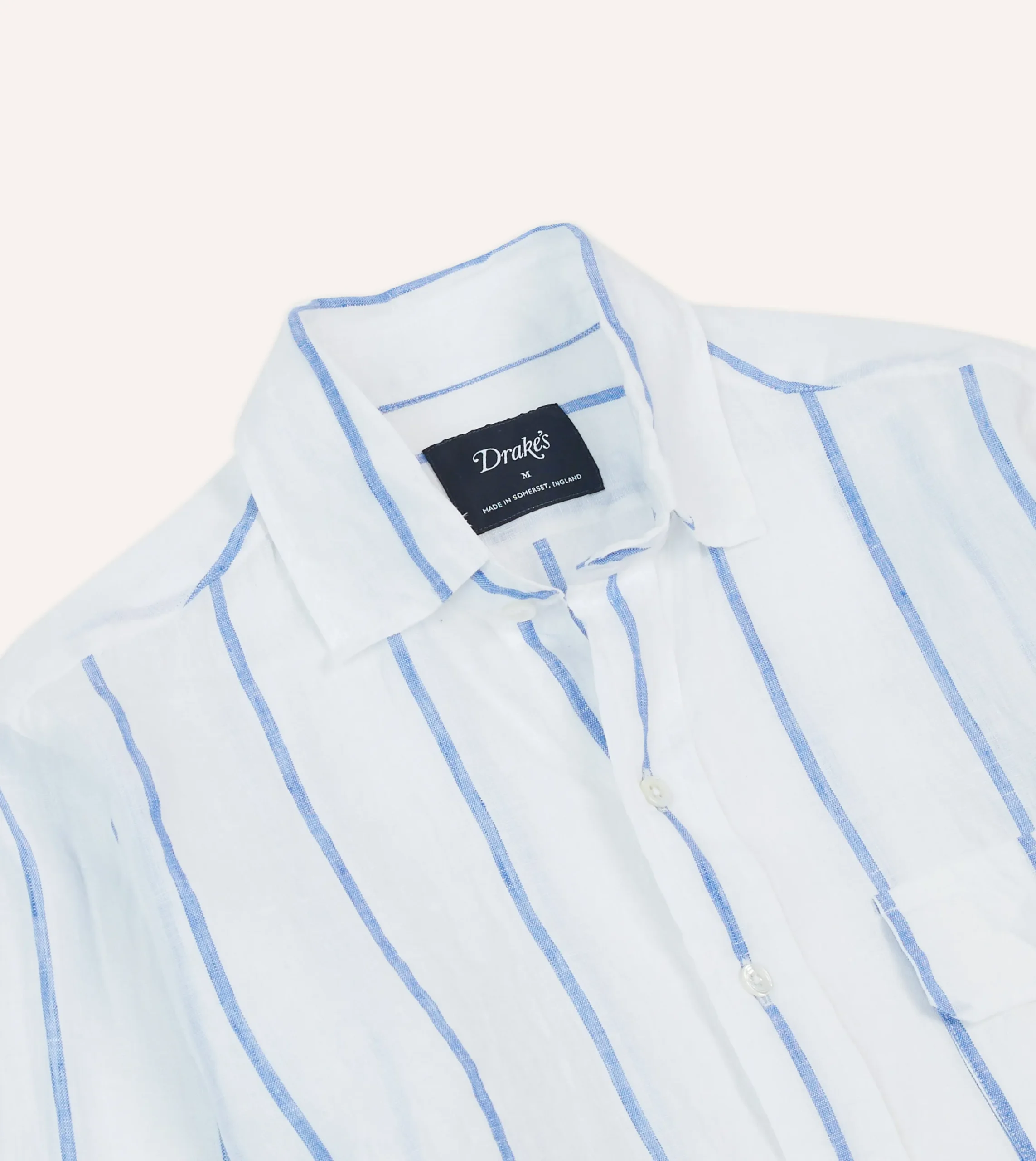 Drake’s Navy Wide Stripe Linen Spread Collar Shirt