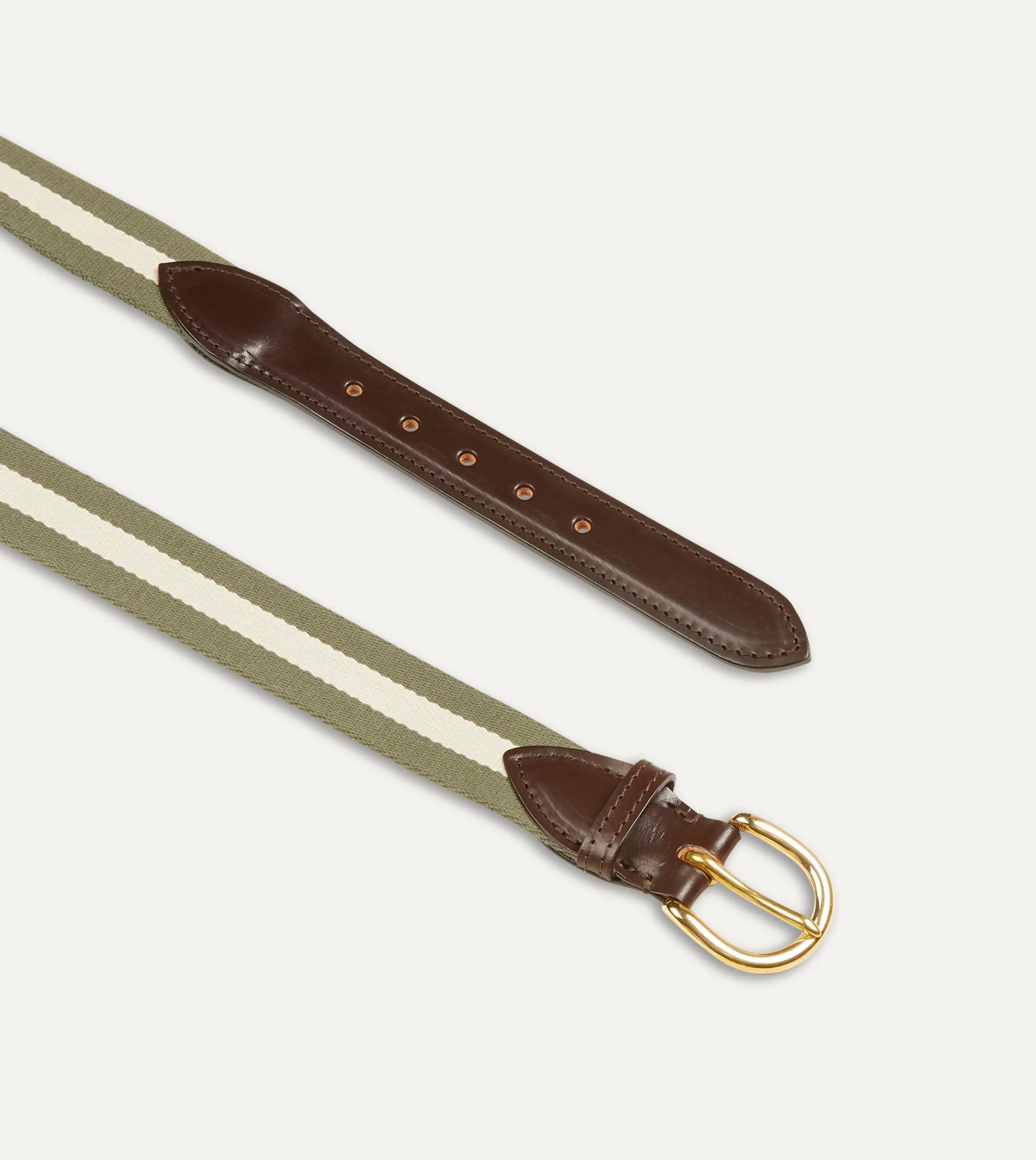 Drake’s Olive And Ecru Stripe Webbing And Leather Belt With Brass Buckle