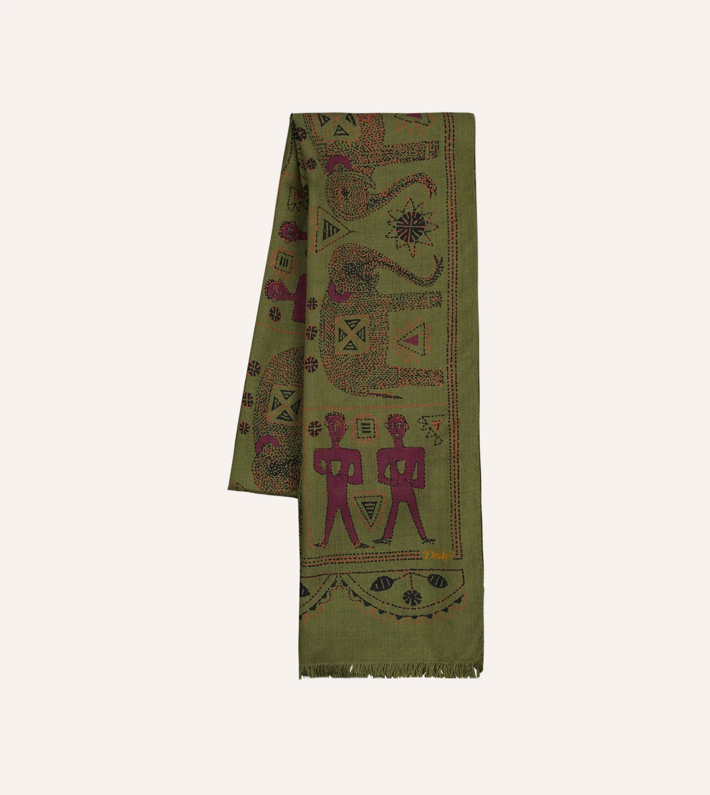 Drake’s Olive Elephant Print Wool-Silk Scarf