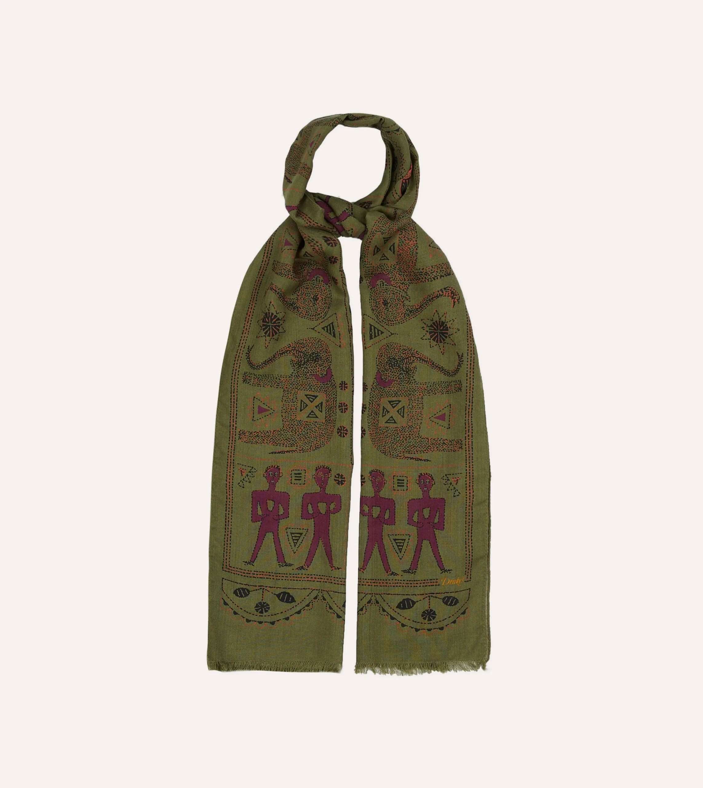 Drake’s Olive Elephant Print Wool-Silk Scarf