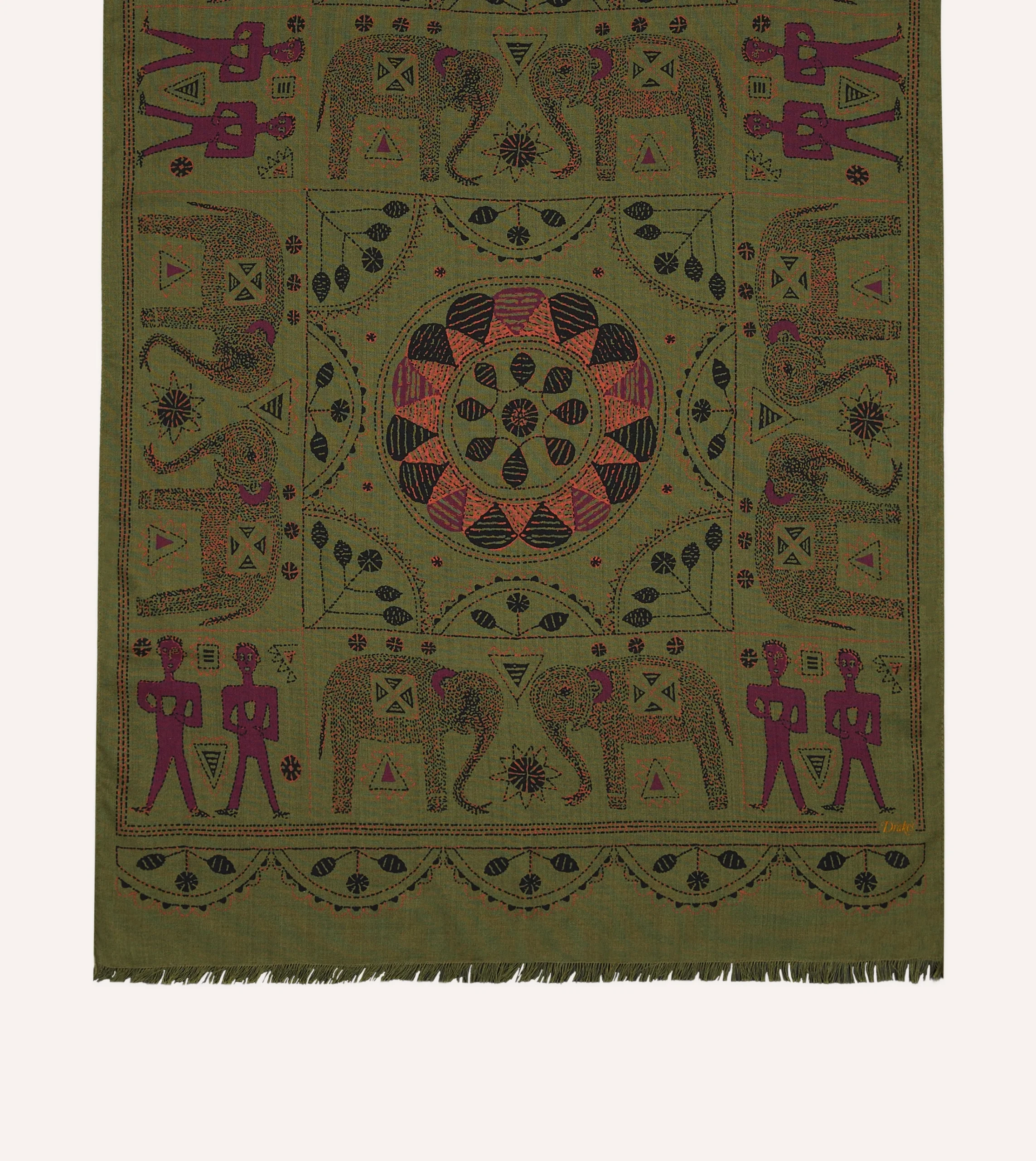 Drake’s Olive Elephant Print Wool-Silk Scarf