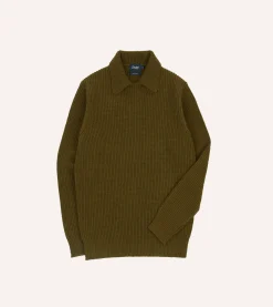 Drake’s Green Alpaca Lambswool Ribbed Integral Collar Jumper