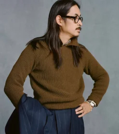 Drake’s Green Alpaca Lambswool Ribbed Integral Collar Jumper