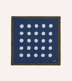 Drake’s Olive, Navy And Ecru Large Spots Print Cotton-Silk Pocket Square