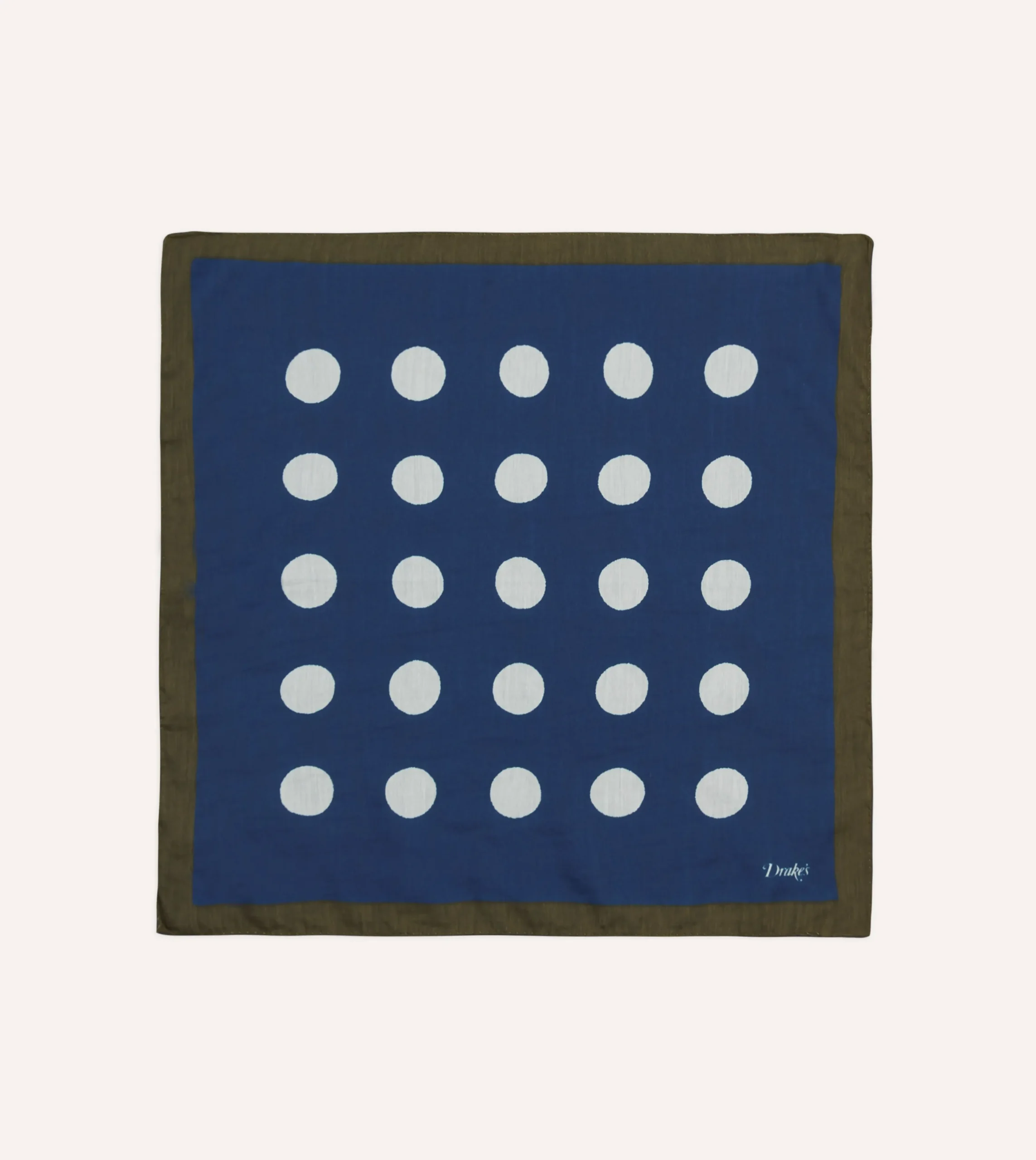 Drake’s Olive, Navy And Ecru Large Spots Print Cotton-Silk Pocket Square