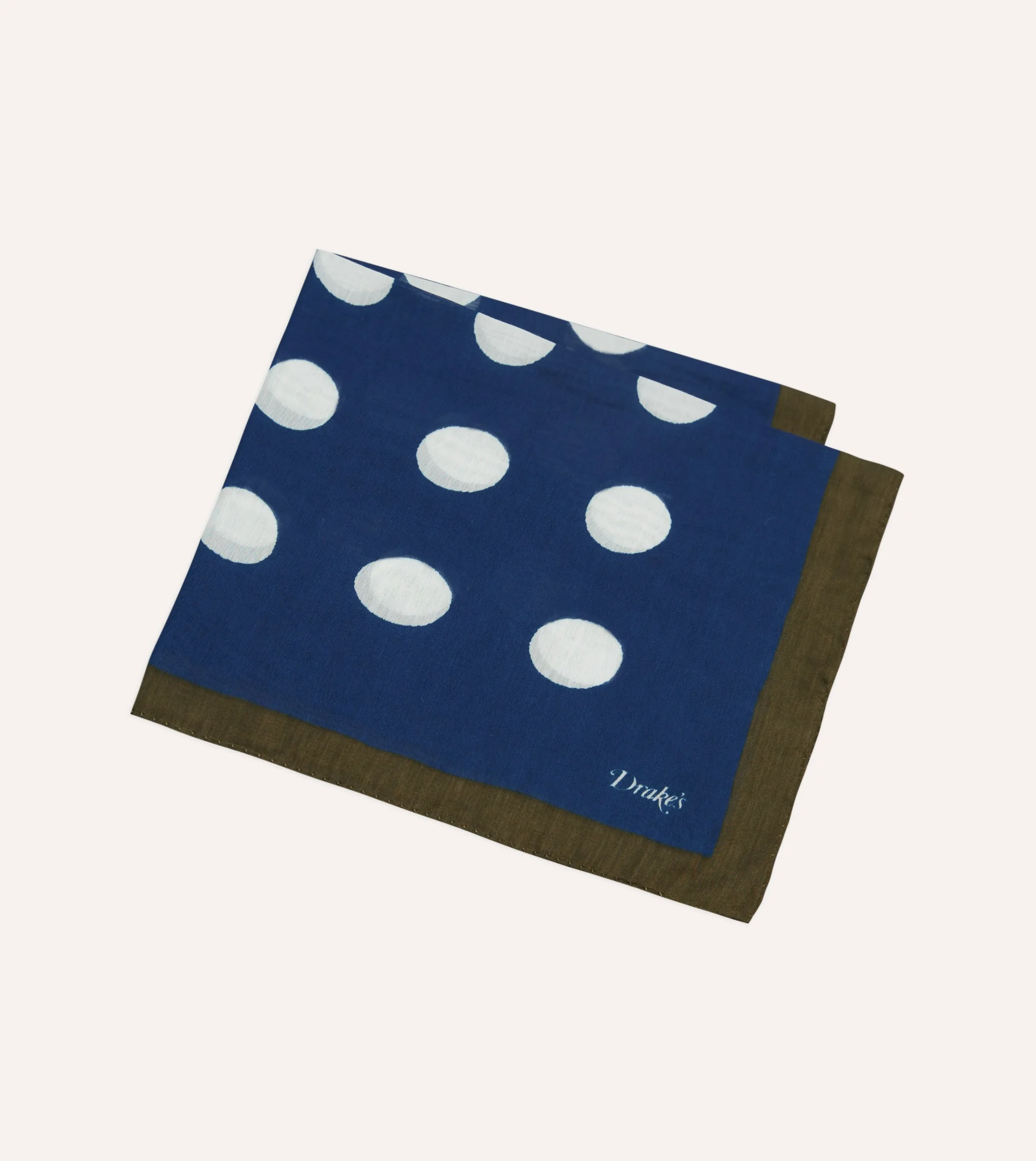 Drake’s Olive, Navy And Ecru Large Spots Print Cotton-Silk Pocket Square