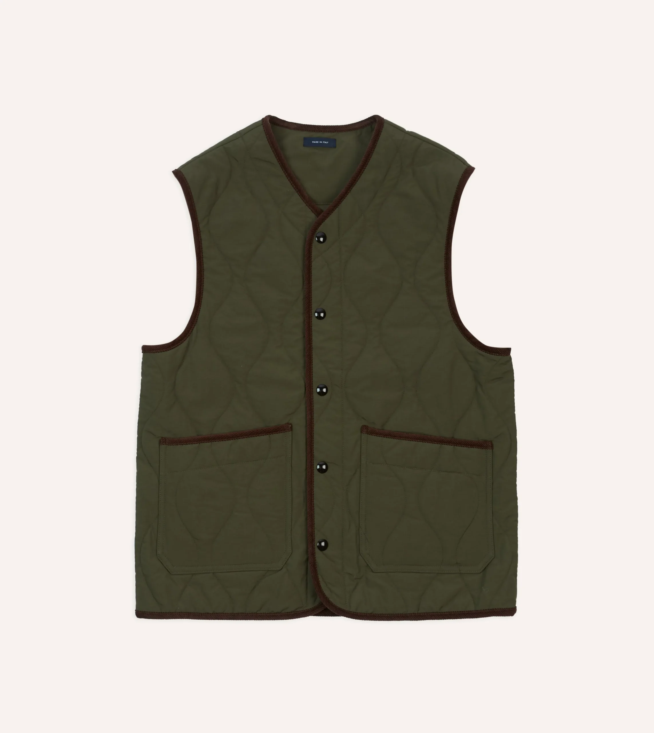 Drake’s Olive Quilted Nylon Snap Vest