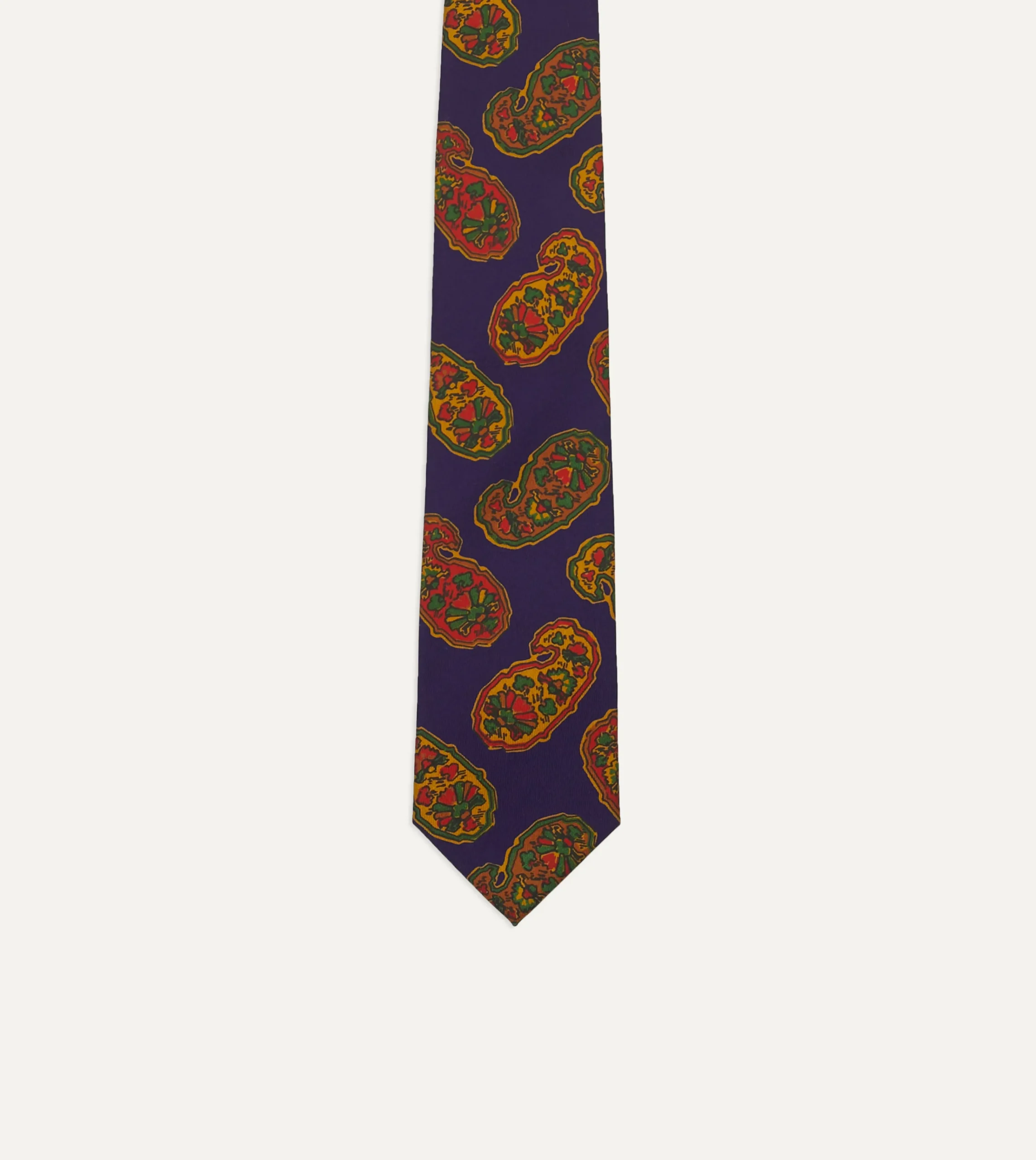 Drake’s Purple Large Paisley Print Silk Self Tipped Tie