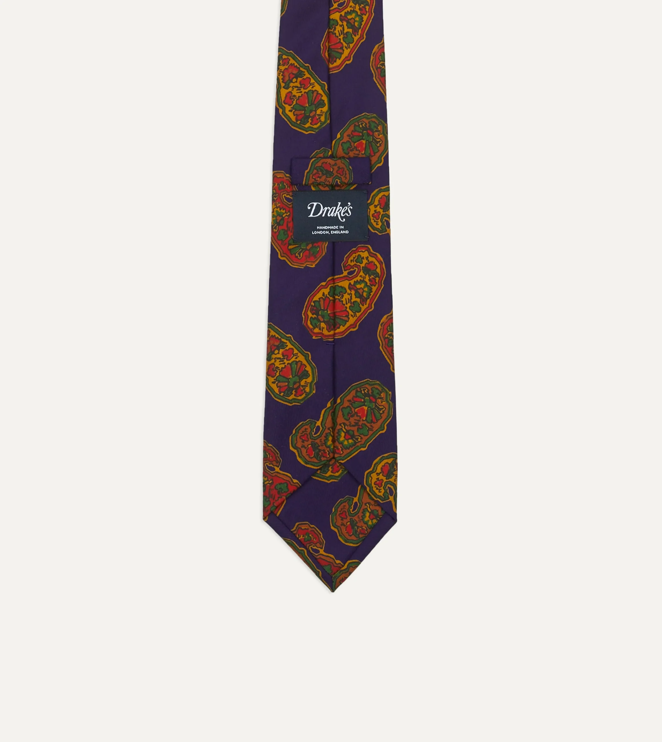 Drake’s Purple Large Paisley Print Silk Self Tipped Tie