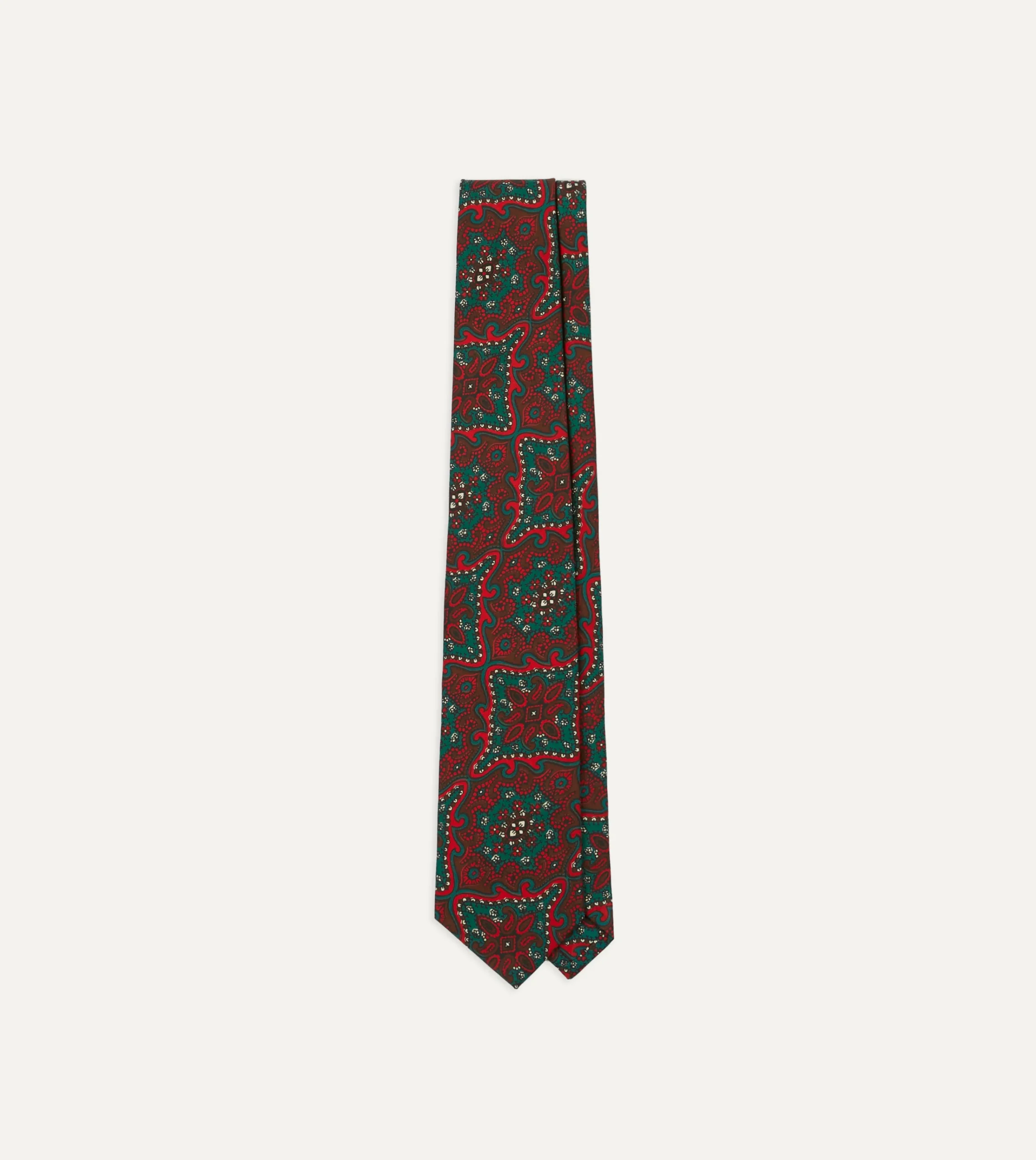Drake’s Red And Green Baroque Print Silk Self Tipped Tie